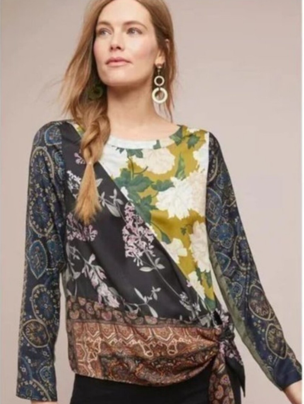 Tiny Anthropolgie Patchwork Blooms Tie Front Blouse Size Medium Olive Green